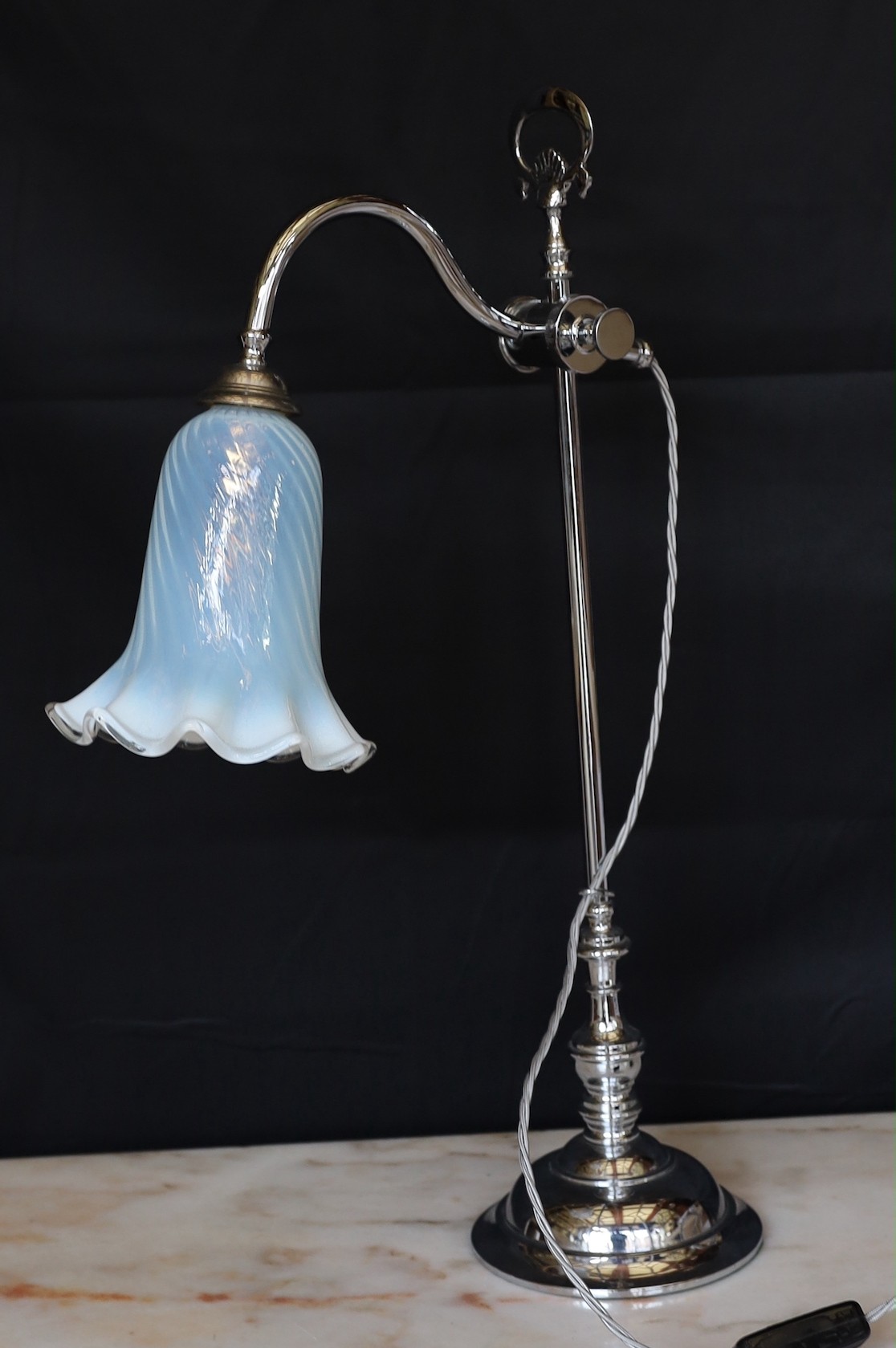 A 1930s style chrome plated adjustable desk lamp with Vaseline glass shade, height 60cm